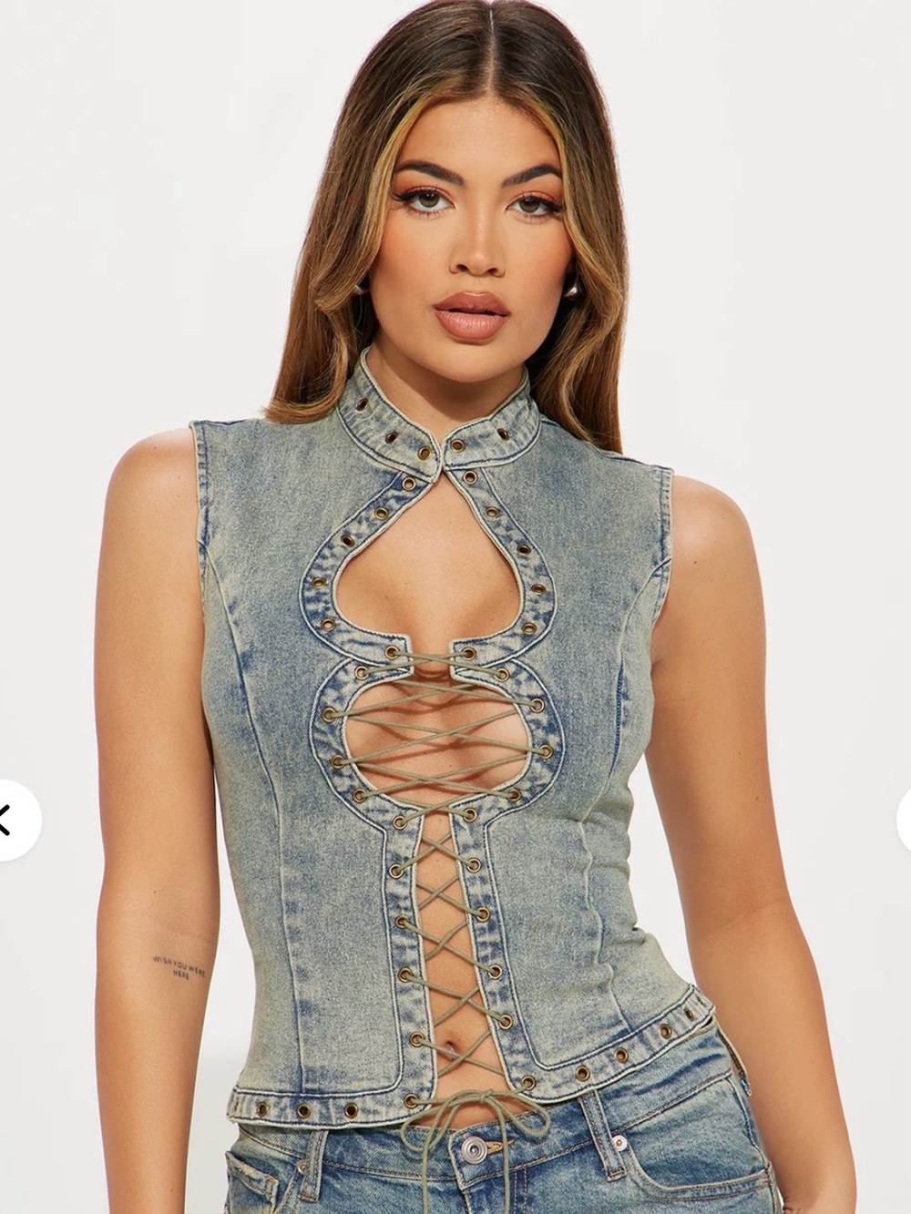 Women's Lace-Up Distressed Denim Top - Light Blue